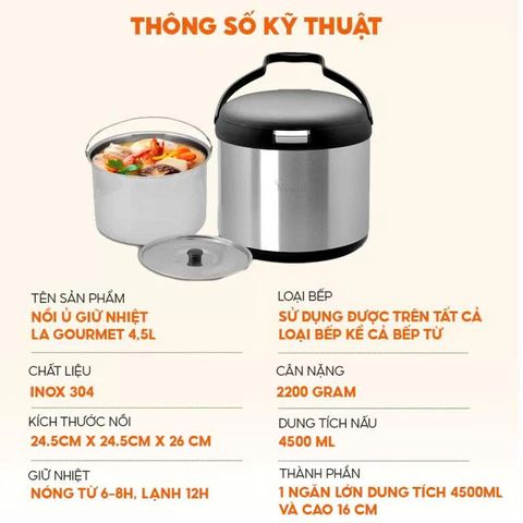 Nồi ủ giữ nhiệt La Gourmet 4.5L màu inox
