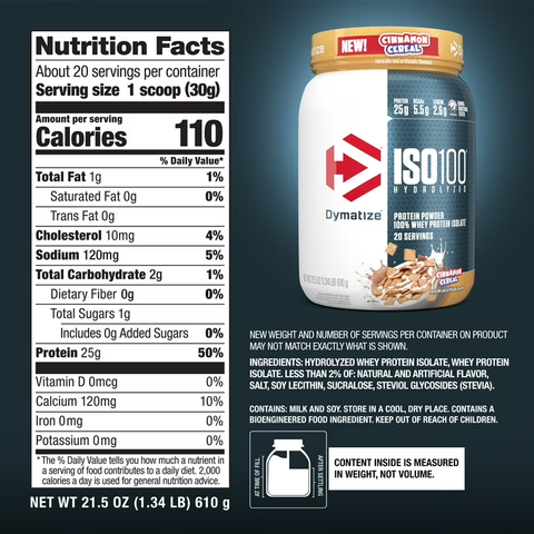 Bột protein whey thủy phân Dymatize ISO100, 25g protein, ngũ cốc hương quế, 20 khẩu phần