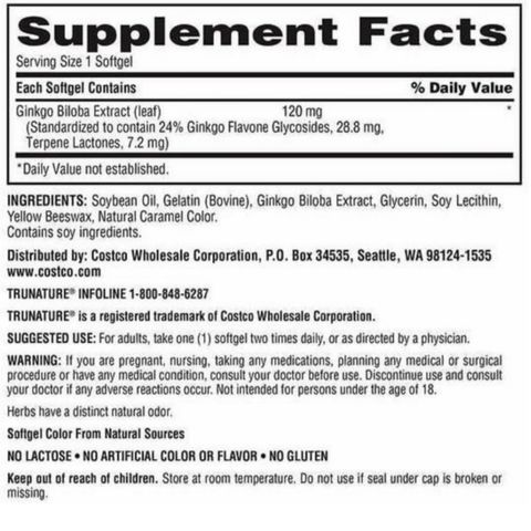 Viên uống Tăng cường tuần hoàn não TruNature Ginkgo Biloba 120 mg 340 viên - Hỗ trợ trí nhớ - Giảm rối loạn tiền đình - S/P Chuẩn Mỹ