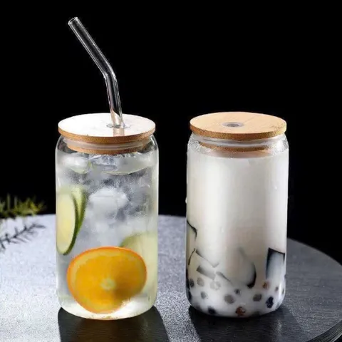 Ly thủy tinh nắp tre kèm ống hút 450ml – Cốc thủy tinh chịu nhiệt uống cà phê, trà sữa, nước ép