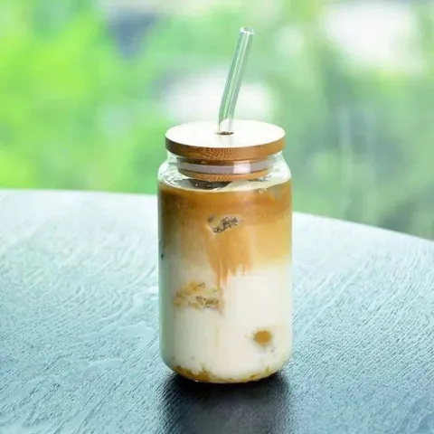 set 2 ly thủy tinh nắp gỗ kèm ống hút thủy tinh 550ml
