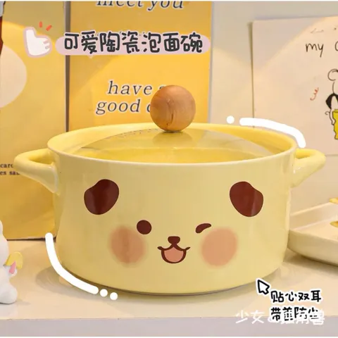 Bát Sứ Kèm Thìa Hình Lợn Hồng - Gấu Vàng Có Nắp | Bát Ăn Mì, Cơm, Cháo, Canh Dễ Thương