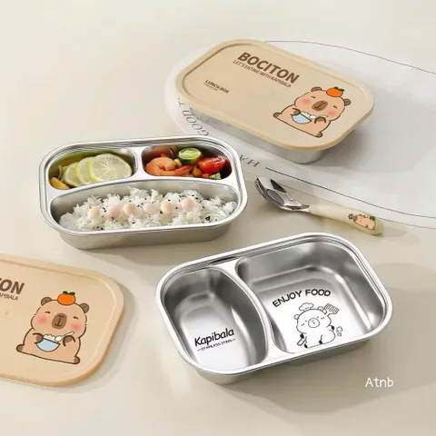 khay cơm inox capybara 2 ngăn 3 ngăn kèm nắp – hộp cơm chia ngăn tiện lợi cho bé và dân văn phòng