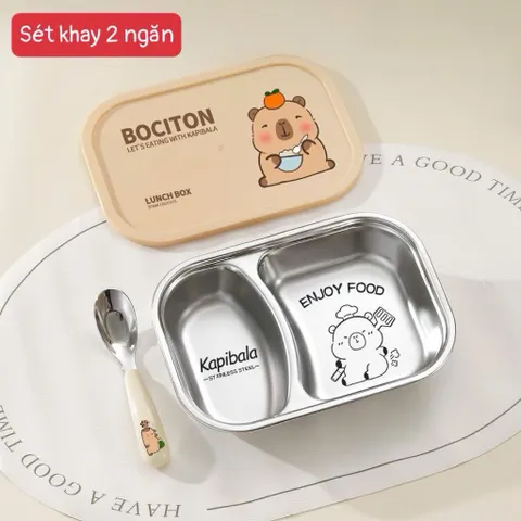 khay cơm inox capybara 2 ngăn 3 ngăn kèm nắp – hộp cơm chia ngăn tiện lợi cho bé và dân văn phòng