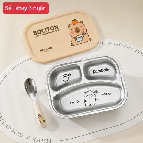 khay cơm inox capybara 2 ngăn 3 ngăn kèm nắp – hộp cơm chia ngăn tiện lợi cho bé và dân văn phòng