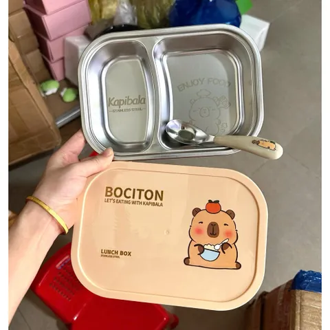 khay cơm inox capybara 2 ngăn 3 ngăn kèm nắp – hộp cơm chia ngăn tiện lợi cho bé và dân văn phòng