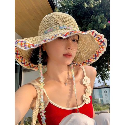 👒 Mũ Đi Biển Cói Viền Thêu Hoa – Xinh Xắn, Chống Nắng Cực Đỉnh 🌸
