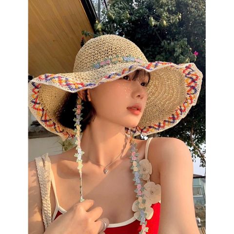 👒 Mũ Đi Biển Cói Viền Thêu Hoa – Xinh Xắn, Chống Nắng Cực Đỉnh 🌸