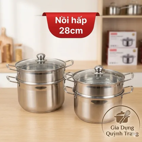 Nồi Hấp Inox 2 Tầng  28cm,nắp kính sang trọng  – Xửng Hấp Cách Thủy Cao Cấp Nắp Kính, Luộc Gà, Đồ Xôi, Làm Bánh Tiện Lợi