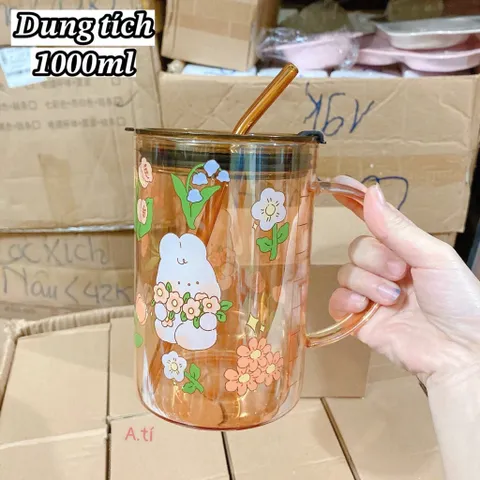 Cốc Nước Thủy Tinh Hổ Phách 1000ml Có Ống Hút – Họa Tiết Thỏ Garden Rabbit Xinh Xắn, Chịu Nhiệt Tốt