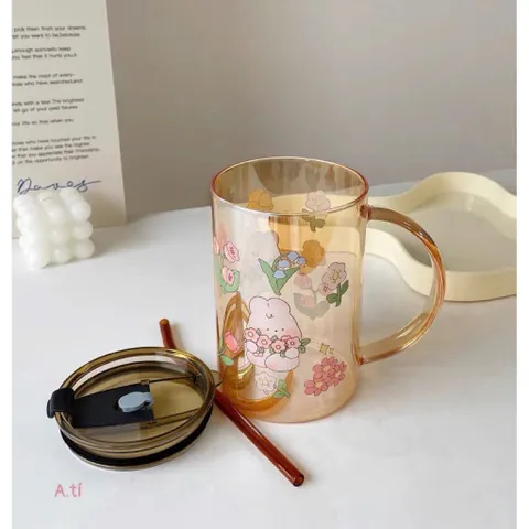 Cốc Nước Thủy Tinh Hổ Phách 1000ml Có Ống Hút – Họa Tiết Thỏ Garden Rabbit Xinh Xắn, Chịu Nhiệt Tốt