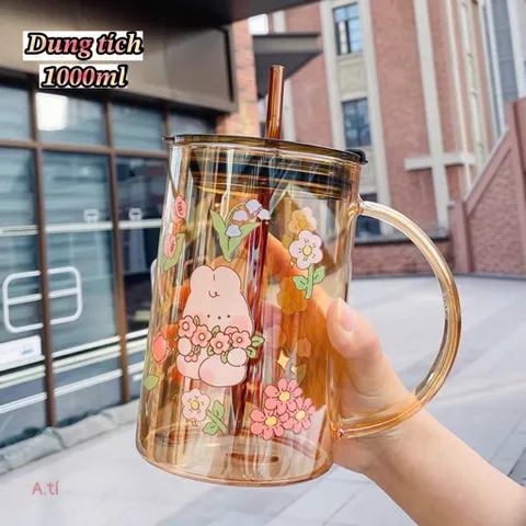 Cốc Nước Thủy Tinh Hổ Phách 1000ml Có Ống Hút – Họa Tiết Thỏ Garden Rabbit Xinh Xắn, Chịu Nhiệt Tốt