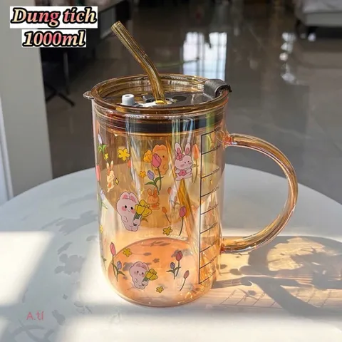 Cốc Nước Thủy Tinh Hổ Phách 1000ml Có Ống Hút – Họa Tiết Thỏ Garden Rabbit Xinh Xắn, Chịu Nhiệt Tốt