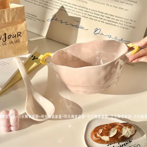 Bát Tô Sứ Pastel Kèm Muôi Múc Canh – Tô Ăn Mì, Cháo, Canh Tay Cầm Dễ Thương