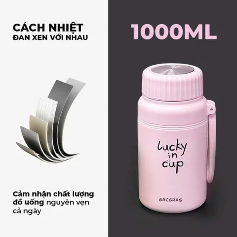 🌸 Bình Giữ Nhiệt Inox 1000ml Lucky In Cup – Giữ Nhiệt Lâu, Thiết Kế Dễ Thương 🌸