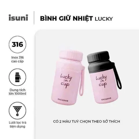 🌸 Bình Giữ Nhiệt Inox 1000ml Lucky In Cup – Giữ Nhiệt Lâu, Thiết Kế Dễ Thương 🌸