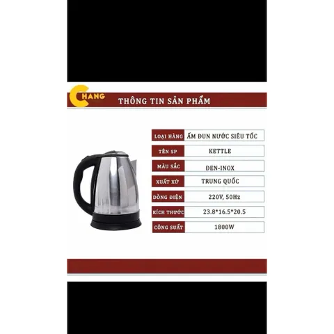 Ấm Siêu Tốc Inox 1800W - Đun Sôi Thần Tốc, Tự Ngắt An Toàn