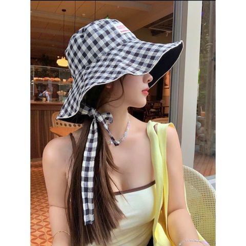 👒 MŨ BUCKET VÀNH RỘNG HỌA TIẾT CARO - CỰC XINH CÙNG DÂY THẮT NƠ CÁ TÍNH