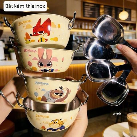 Bát Ăn Inox 2 Lớp Cách Nhiệt Cao Cấp Hình Thú Zootopia Đáng Yêu Cho Bé (Kèm Thìa)