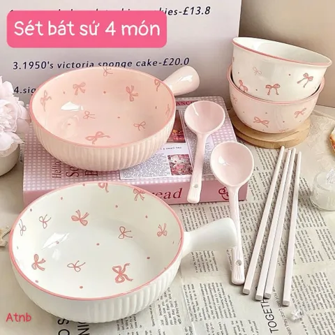 Set Bát Sứ 4 Món Họa Tiết Nơ Hồng Cao Cấp - Quà Tặng Ý Nghĩa, Tô Điểm Gian Bếp