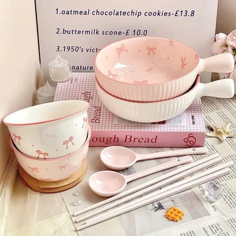 Set Bát Sứ 4 Món Họa Tiết Nơ Hồng Cao Cấp - Quà Tặng Ý Nghĩa, Tô Điểm Gian Bếp