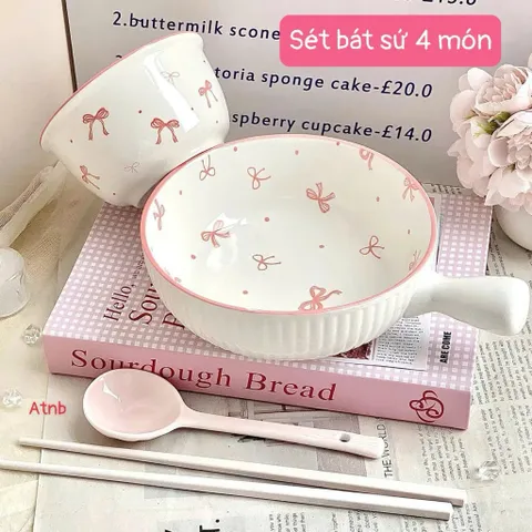 Set Bát Sứ 4 Món Họa Tiết Nơ Hồng Cao Cấp - Quà Tặng Ý Nghĩa, Tô Điểm Gian Bếp