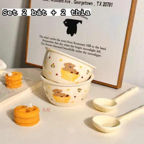 Set 2 Bát Và 2 Thìa Gốm Sứ Cao Cấp – Họa Tiết Cún Coffee Dog Siêu Đáng Yêu