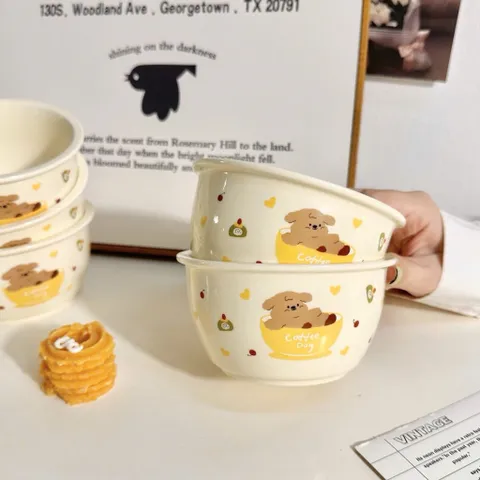 Set 2 Bát Và 2 Thìa Gốm Sứ Cao Cấp – Họa Tiết Cún Coffee Dog Siêu Đáng Yêu