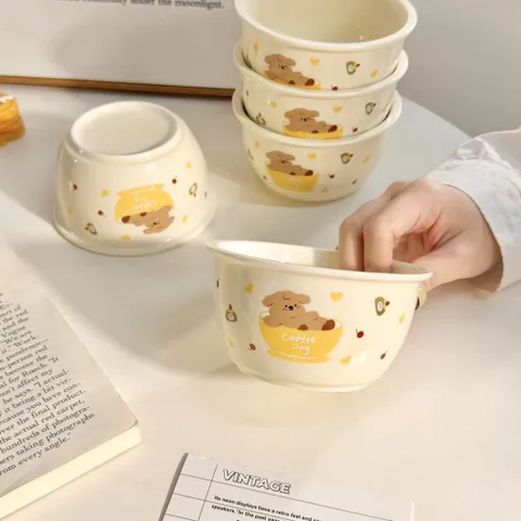 Set 2 Bát Và 2 Thìa Gốm Sứ Cao Cấp – Họa Tiết Cún Coffee Dog Siêu Đáng Yêu