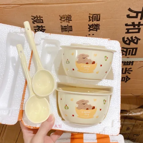 Set 2 Bát Và 2 Thìa Gốm Sứ Cao Cấp – Họa Tiết Cún Coffee Dog Siêu Đáng Yêu
