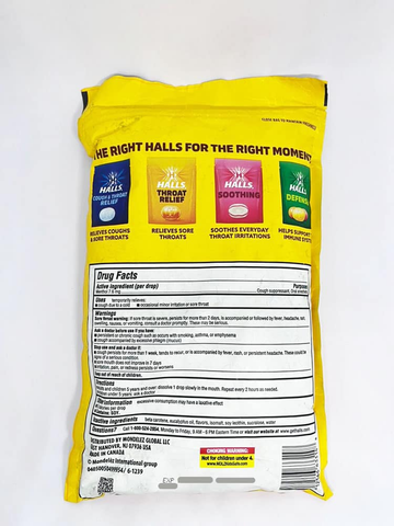 Kẹo Halls thông cổ, mát họng Halls Sugar Free Relief Honey Lemon 180 viên