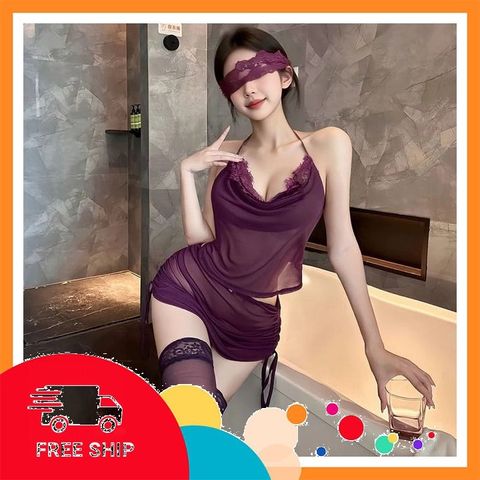 (Che Tên Khi Giao) Đồ Ngủ Ren Mềm Mịn Cổ Yếm Mặc Nhà Cực Xinh Gợi Kèm Chip Quyến Rũ Tinh Tế - N104 Tím Cao Cấp Bảo Đảm
