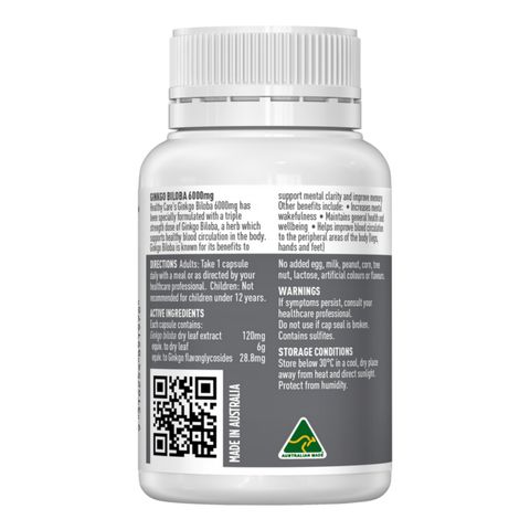 Viên uống Hỗ trợ tuần hoàn não Healthy Care Ginkgo Biloba 6000 mg [60 viên] Bảo vệ hệ thần kinh - S/P Chuẩn Úc