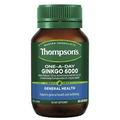 Viên uống Thompson's One-A-Day Ginkgo 6000 - Cải thiện lưu thông máu não & Chống lại tổn thương oxy hóa tế bào thần kinh 60 viên - S/P Chuẩn Úc
