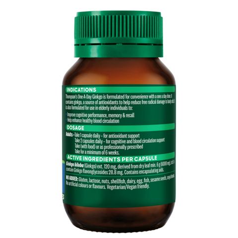 Viên uống Thompson's One-A-Day Ginkgo 6000 - Cải thiện lưu thông máu não & Chống lại tổn thương oxy hóa tế bào thần kinh 60 viên - S/P Chuẩn Úc