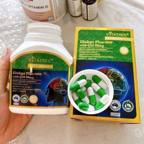 Viên uống Vitatree Ginkgo Plus 6000 with Q10 50 mg - Tăng cường năng lượng cho não & Ổn định sự tiêu thụ oxy ở não 60 viên - S/P Chuẩn Úc [Auth]