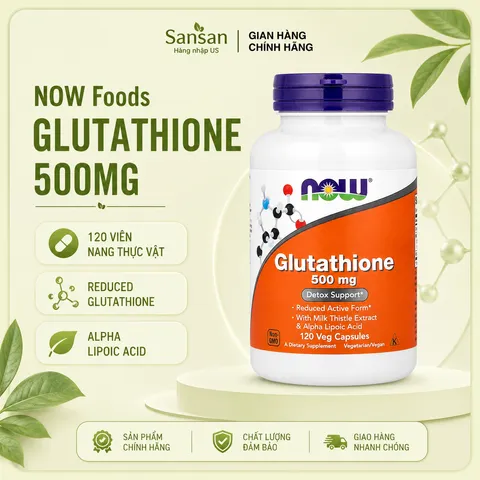 Viên Uống NOW Foods Glutathione 500mg 120 Viên Nang Thực Vật Bổ Sung Glutathione Chống Oxy Hóa