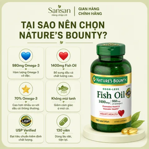 Nature's Bounty Dầu Cá Omega 3 Maximum Strength 1400mg 130 Viên 980mg Omega-3 Hỗ Trợ Tim Mạch Xương Khớp