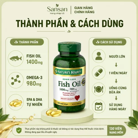 Nature's Bounty Dầu Cá Omega 3 Maximum Strength 1400mg 130 Viên 980mg Omega-3 Hỗ Trợ Tim Mạch Xương Khớp