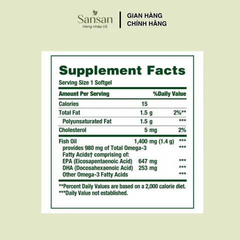 Nature's Bounty Dầu Cá Omega 3 Maximum Strength 1400mg 130 Viên 980mg Omega-3 Hỗ Trợ Tim Mạch Xương Khớp