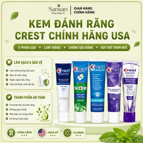 Kem Đánh Răng Crest Mỹ 3D White Pro Advanced Pro Health Brilliance Ultra Complete Scope Làm Trắng Răng