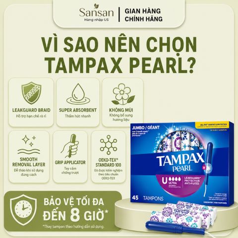 Tampon Tampax Pearl Có Ống Đẩy Siêu Thấm Hút Không Mùi LeakGuard Chống Tràn Hộp 45/60 Cái - Nội địa Mỹ