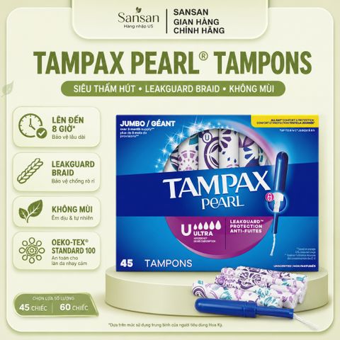 Tampon Tampax Pearl Có Ống Đẩy Siêu Thấm Hút Không Mùi LeakGuard Chống Tràn Hộp 45/60 Cái - Nội địa Mỹ