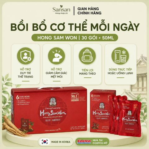 Nước Hồng Sâm Đỏ CheongKwanJang Hong Sam Won 6 Năm Tuổi 30 Gói x 50ml, Made in Korea, Mua Tại Costco Mỹ