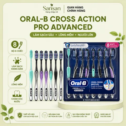 Bộ 8 Bàn Chải Đánh Răng Oral-B Cross Action Pro Advanced Lông Mềm - Làm Sạch Mảng Bám, Bảo Vệ Nướu, Người Lớn