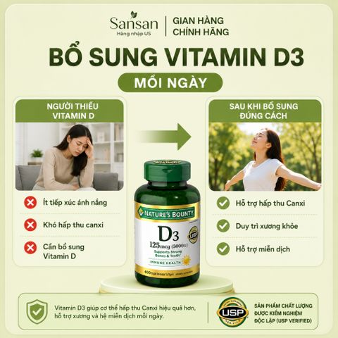 Nature's Bounty Vitamin D3 5000 IU (125mcg) 400 Viên Nang Mềm - Hỗ Trợ Xương, Răng & Miễn Dịch