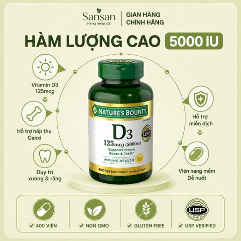 Nature's Bounty Vitamin D3 5000 IU (125mcg) 400 Viên Nang Mềm - Hỗ Trợ Xương, Răng & Miễn Dịch