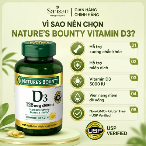Nature's Bounty Vitamin D3 5000 IU (125mcg) 400 Viên Nang Mềm - Hỗ Trợ Xương, Răng & Miễn Dịch