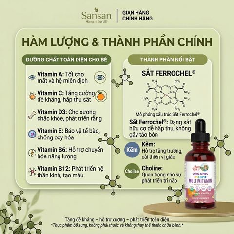 TPBVSK Vitamin tổng hợp hữu cơ Mary Ruths Organic Infant/ Toddler Multivitamin Liquid Drops 60ml, Có chứa Sắt 778297