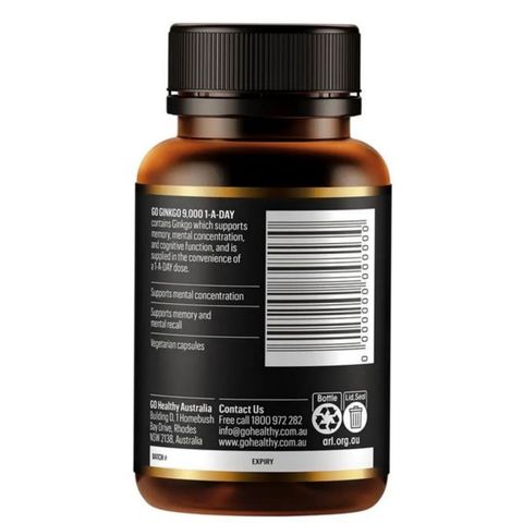 Viên uống Go Healthy Go Ginkgo 9000 1-A-DAY [Ginkgo Úc] 60 viên - Tăng lưu lượng máu đến não bộ - Phòng ngừa tai biến mạch máu não & Dự phòng tái phát